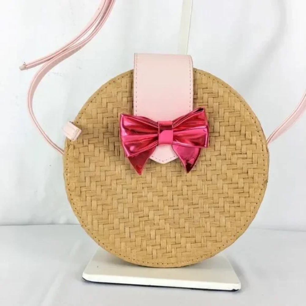 Juicy Couture Straw Crossbody Purse Small Round Tan & Pink Bag